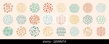 Runde Muster abstrakt, Doodle Formen Hintergrund gesetzt. Pinsel handgezeichnete Texturformen, Kurven Linie, Flecken, gemalt Tropfen. Designelemente Moderne trendige Naturform, Streifen, Stempel-Vektor-Illustration Stock Vektor