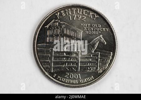 Eine Vierteldollar-Münze (25 Cent) mit dem Bild von Kentucky (The Bluegrass State), USA. Stockfoto