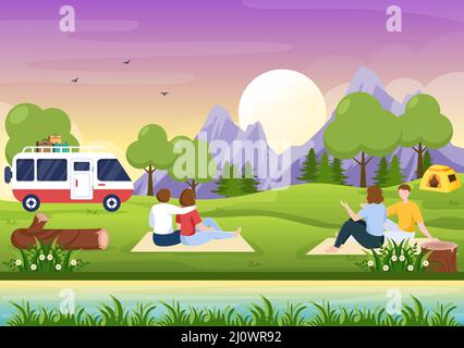 Camping Car Hintergrund Illustration mit Zelt, Wohnmobil und Ausrüstung für Menschen auf Abenteuertouren oder Urlaub im Wald oder in den Bergen Stock Vektor