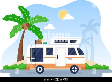 Camping Car Hintergrund Illustration mit Zelt, Camper Auto und Ausrüstung für Menschen auf Abenteuer-Touren oder Urlaub am Strand Stock Vektor