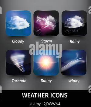 Realistisches quadratisches Wettersymbol auf bewölktem Sturm regnerischem Tornado Sonnige windige Themen Vektor-Illustration Stock Vektor