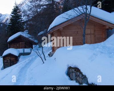 Blick auf schneebedeckte Häuser und Bäume in der Haute Savoie, Frankreich Stockfoto