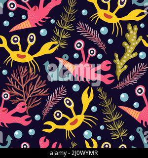 Niedliches nahtloses Muster mit Krabben.Cartoon-Doodle-Druck mit glücklichen Meerestieren für Kinder und Kinderzimmer Textil und Dekor. Stock Vektor