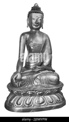 Wunderschön leuchtender klassischer Buddha Shakyamuni. Siddhartha Gautama. Goldene Statue mit offenen Augen isoliert auf weißem Hintergrund Stockfoto