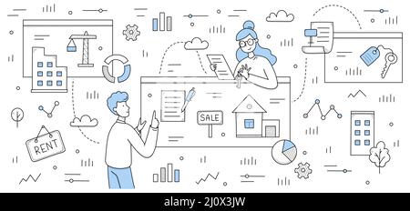 Immobilienagentur Arbeit Doodle Konzept mit Maklern Mann und Frau diskutieren Immobilien zum Verkauf, Hypothek, Miete oder Kauf. Geschäftsmarkt, Wohngebäude, Einzelhandel Linie Kunst Vektor Illustration Stock Vektor