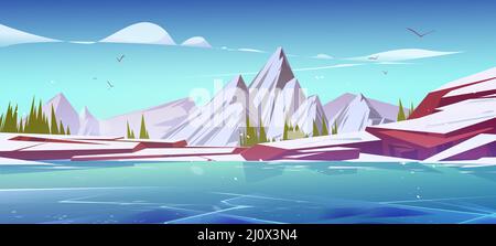 Winter Berge Landschaft Landschaft, Natur Hintergrund mit Felsen mit Schnee bedeckt, Nadelbäume und gefrorenen Teich. Resort, wilder Park oder Garten mit eisigen Gipfeln unter blauem Himmel, Cartoon-Vektorgrafik Stock Vektor