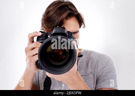 Sagen Sie Käse. Nahaufnahme eines Fotografen, der Ihr Bild aufnehmen wird. Stockfoto
