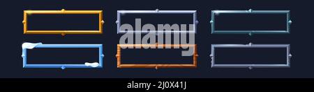 Rechteckige Rahmen mit Gold-, Silber-, Holz- und Eisstruktur für das Game ui Design. Vector Cartoon Satz von leeren Grenzen im mittelalterlichen Stil, golden, Stahl, Holz und Schnee Benutzeroberfläche Elemente Stock Vektor