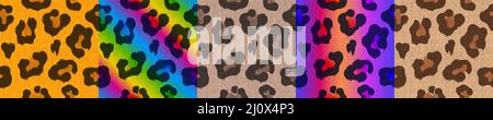 Farbtexturen von Leopardenhaut mit Flecken. Vektor-Set von nahtlosen Mustern mit Geparden Fell mit Regenbogen-Gradienten. Wild african Cat Skin Print für Textil- oder Wilddesign Stock Vektor