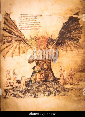 Antikes Manuskriptblatt. Gotisches Buch mit satanischer Höllenillustration. Stockfoto