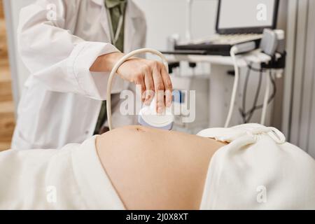 Nahaufnahme der Ultraschalluntersuchung der Schwangeren mit Schwerpunkt auf dem Arzt, der den Schallkopf am Bauch hält, Kopierraum Stockfoto