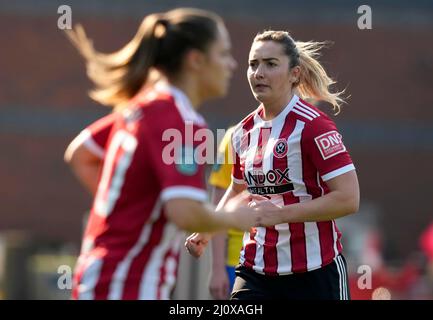 Chesterfield, England, 20.. März 2022. Maddy Cusack aus Sheffield Utd während des Spiels der FA Women's Championship im Technique Stadium, Chesterfield. Bildnachweis sollte lauten: Andrew Yates / Sportimage Kredit: Sportimage/Alamy Live News Stockfoto