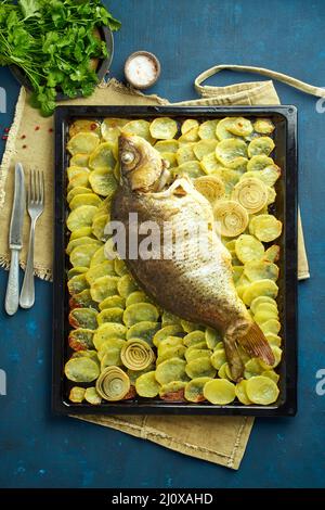 Gebackene Karpfen, ganze Fische aus dem Ofen mit Kartoffelscheiben auf einem großen Tablett traditionelle polnische Gerichte Stockfoto