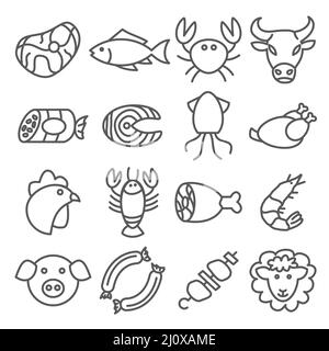 Symbole der Fleisch- und Seafood-Linie auf weißem Hintergrund Stock Vektor