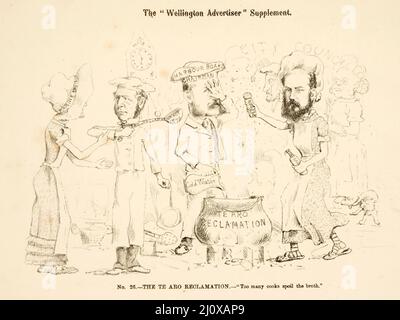 Skizze der politischen Fragen, die für die Parlamentswahlen 1881 in Neuseeland relevant sind, aus einer Karikatur, die in der Wellington Advertiser Supplement veröffentlicht wurde Stockfoto