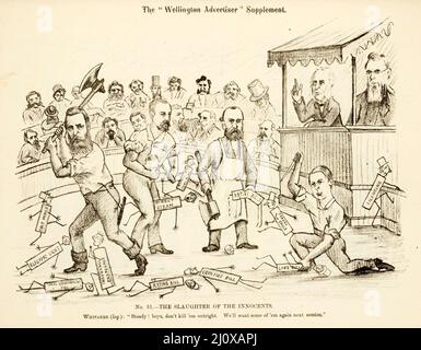 Skizze der politischen Fragen, die für die Parlamentswahlen 1881 in Neuseeland relevant sind, aus einer Karikatur, die in der Wellington Advertiser Supplement veröffentlicht wurde Stockfoto