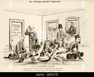 Skizze der politischen Fragen, die für die Parlamentswahlen 1881 in Neuseeland relevant sind, aus einer Karikatur, die in der Wellington Advertiser Supplement veröffentlicht wurde Stockfoto