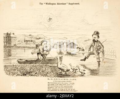 Skizze der politischen Fragen, die für die Parlamentswahlen 1881 in Neuseeland relevant sind, aus einer Karikatur, die in der Wellington Advertiser Supplement veröffentlicht wurde Stockfoto