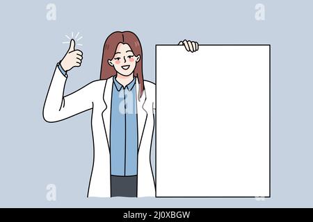 Lächelnde Ärztin hält leere Banner für Werbung zeigen Daumen nach oben. Glückliche weibliche Krankenschwester demonstrieren Mockup Papier empfehlen medizinischen Deal. Speicherplatz kopieren. Vektorgrafik. Stock Vektor