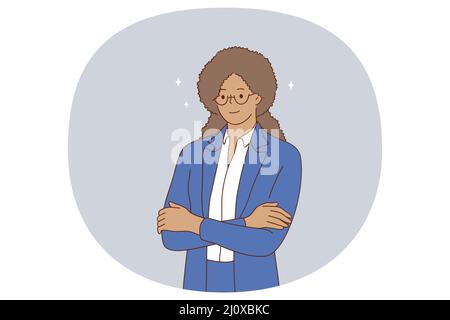 Schwarze Ethnizität Business Frau Konzept. Lächelnd positive Geschäftsfrau von schwarzer afroamerikanischer Ethnie in blauem Anzug stehend und Blick auf Kamera-Vektor-Illustration Stock Vektor