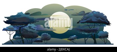 Nachtmond Afrika. Wunderschöne dunkle Landschaft. Szene mit Sand und Pflanzen. Savannah in der Wüste. Afrikanische Akazienbäume. Vektor. Stock Vektor