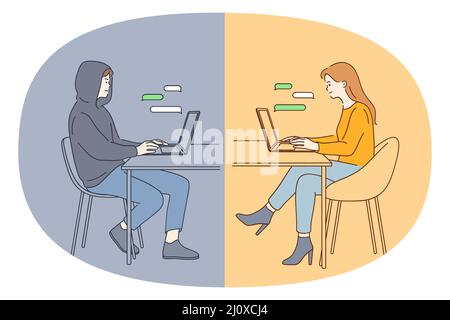 Internet-Betrug und Kriminalität Konzept. Junge lächelnde Frau sitzt am Laptop und chattet online Dating mit Mann in Hood Betrug Kommunikation mit ihrem Vektor-Illustration Stock Vektor