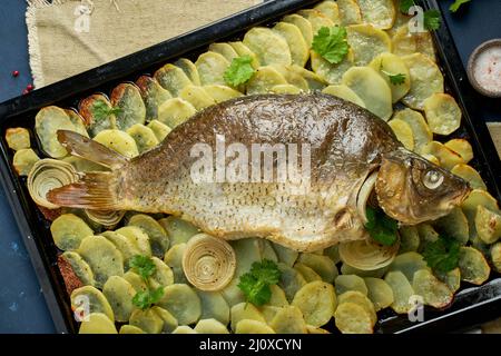 Gebackene Karpfen, ganze Fische aus dem Ofen mit Kartoffelscheiben auf einem großen Tablett traditionelle polnische Gerichte Stockfoto