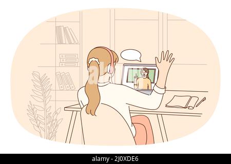 Online-Bildung und Unterrichtskonzept. Mädchen im Headset sitzen und begrüßen Frau Lehrerin online auf Laptop-Bildschirm zu Hause Vektor-Illustration Stock Vektor
