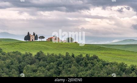 Kapelle von Vitaleta auf dem Kamm eines Hügels im Val d'Orcia in der Nähe von San Quiricio Stockfoto