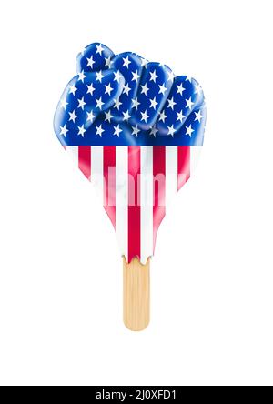 Protest Popsicle USA - 3D Illustration eines erhabenen, faustförmigen Eiscreme mit isolierter amerikanischer Flagge auf weißem Hintergrund Stockfoto