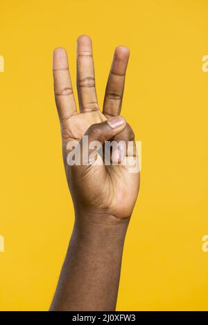 Vorderansicht der Hand mit drei Fingern. Hochwertige Fotos Stockfoto