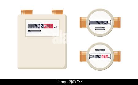 Gaszähler. Automatisches Messgerät für Erdgas. Haushalts- oder Industriemessgeräte in flacher Ausführung. Kraftstoffverbrauchskontrolle. Vektorgrafik Stock Vektor