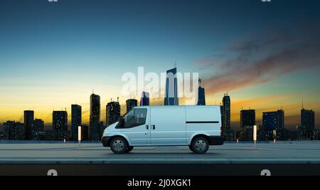 Lieferwagen parken bei Sonnenaufgang an einer Stadtstraße Stockfoto
