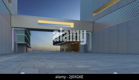 Leere Backsteinstraße in der Nähe des modernen Gebäudes Stockfoto