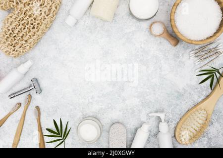 Flat Lay Bad Konzept Zubehör mit Kopierer Platz Stockfoto