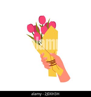 Hand hält Frühling Bouquet mit Blumen, Arm mit niedlichen romantischen Bund von roten Tulpen Stock Vektor