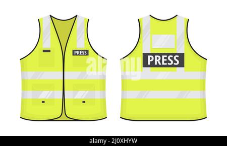 Reflektierende Warnweste mit Etikett, DRUCKSCHILD, flaches Design, Vektor-Illustration. Gelb fluoreszierende Sicherheits-Arbeitsjacke mit reflektierenden Details Stock Vektor