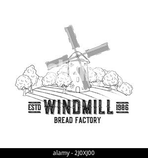 Windmühle Bäckerei abstrakte Vektor-Zeichen, Symbol oder Logo-Vorlage. Skizzenlandschaft mit Windmühlenzeichnung und Retro-Typografie. Klassisches Luxus-Emblem Stock Vektor