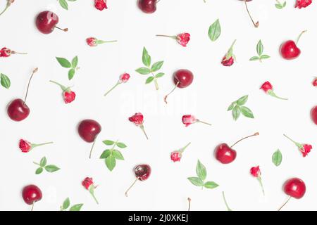 Zusammensetzung rote Blüten Kirschen grüne Blätter. Hochwertiges, schönes Fotokonzept Stockfoto