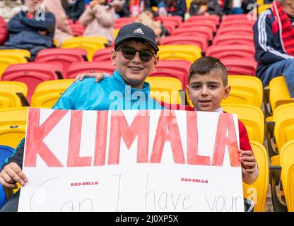 Harrison, Usa. 20. März 2022. Fans besuchen das reguläre Spiel der MLS 2022 Saison zwischen New York Red Bulls und Columbus Crew in der Red Bull Arena. Spiel endete in der Ziehung 1 - 1. (Foto von Lev Radin/Pacific Press) Quelle: Pacific Press Media Production Corp./Alamy Live News Stockfoto