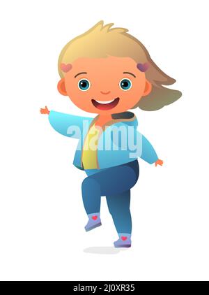 In Jacke mit Kapuze. Kleine Mädchen Vorschulkinder. Person in Herbstkleidung. Niedliches Kind. Fröhliches, lustiges Kind. Baby Joy. Illustration im Cartoon-Stil. Flach Stock Vektor