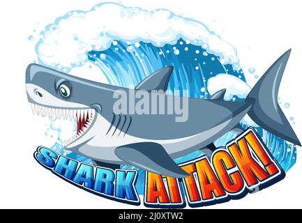 Shark Attack Schrift-Logo mit Cartoon aggressive Shark Illustration Stock Vektor