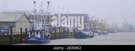 Nebel am Fischerhafen, Cuxhaven Stockfoto