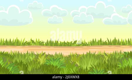 Nahtlose sandige Straße. Horizontale Rahmenzusammensetzung. Sommerwiesenlandschaft. Saftiges Gras. Ländliche, rustikale Landschaft. Cartoon-Design. Flache Kunst Stock Vektor