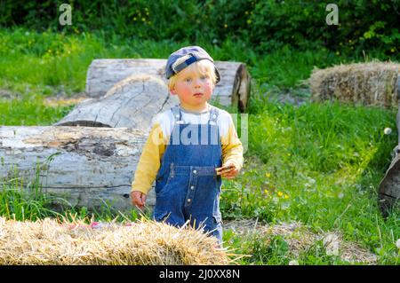 Schöne blonde junge mit blauen Augen und blonden Haaren auf dem Land mit einem Sandwich in der Hand und einem leeren Ausdruck . Stockfoto