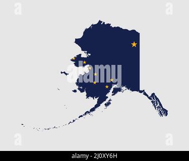 Alaska-Karte Flagge. Karte von Alaska, USA mit der Staatsflagge von Alaska. USA, Amerika, American, United States of America, US, AK State Banner. Ve Stock Vektor