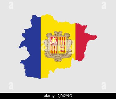 Andorra Karte Flagge. Karte von Andorra mit der Nationalflagge von Andorra isoliert auf weißem Hintergrund. Vektorgrafik. Stock Vektor