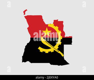 Angolanische Karte Flagge. Karte von Angola mit der Nationalflagge von Angola isoliert auf weißem Hintergrund. Vektorgrafik. Stock Vektor