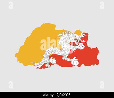 Bhutan Karte Flagge. Karte von Bhutan mit der bhutanischen Landesflagge. Vektorgrafik. Stock Vektor