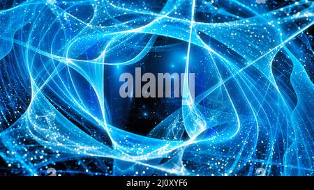 Blau leuchtende Wellen mit Partikeln im Raum, computergenerierter abstrakter Hintergrund, 3D Rendering Stockfoto